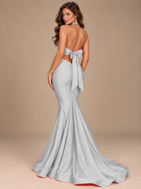 Pink Halter Deep V-Neck Ruched Mermaid Prom Dress