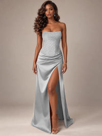Burgundy Strapless Sparkly Corset Prom Dress with High Slit