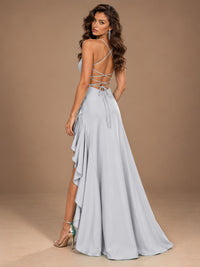 Burgundy Spaghetti Strap Ruched Prom Dress with Ruffled High Slit