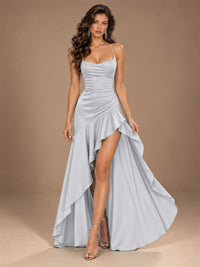 Burgundy Spaghetti Strap Ruched Prom Dress with Ruffled High Slit
