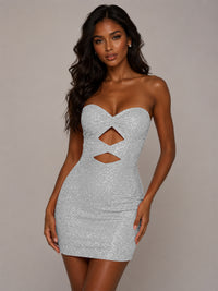 Royal Blue Rhinestone-Embellished Strapless Cut-Out Bodycon Mini Dress