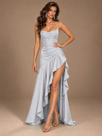 Burgundy Spaghetti Strap Ruched Prom Dress with Ruffled High Slit