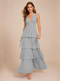 Elegant Deep V Neck Chiffon Bridesmaid Dress with Tiered Ruffles