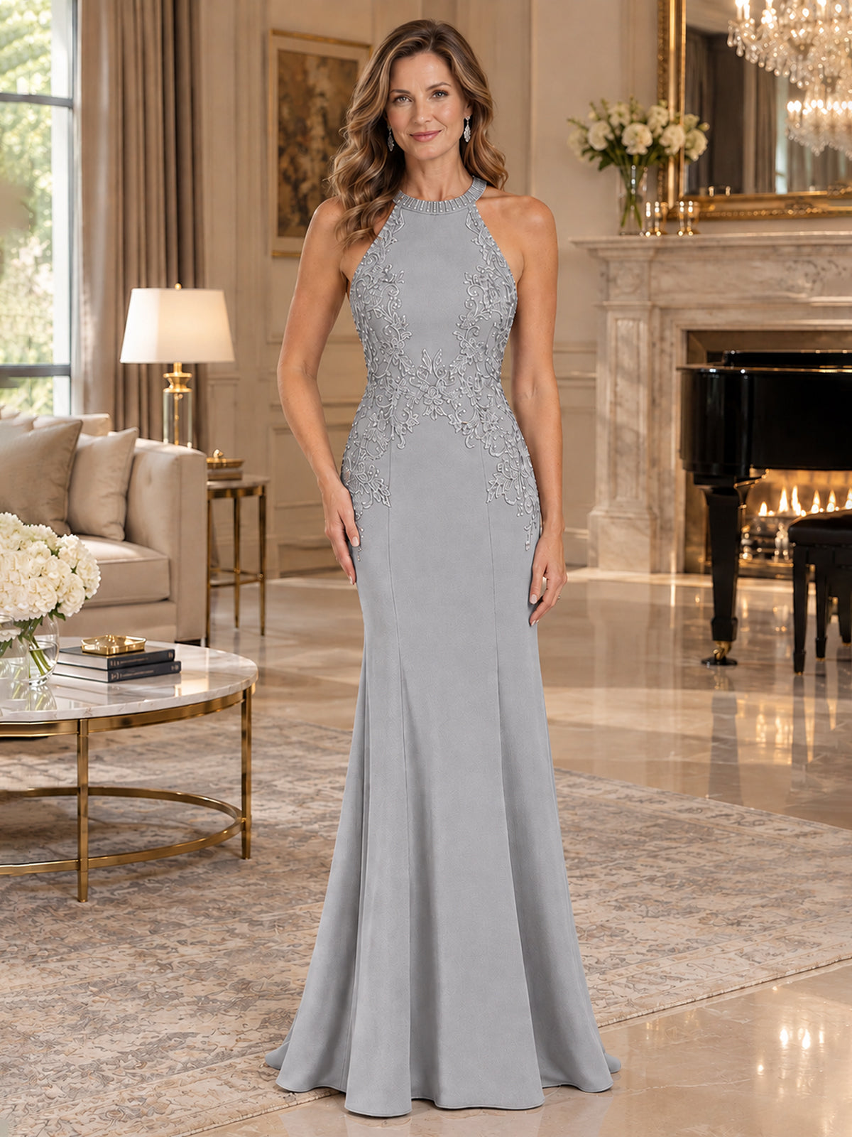 Halter Neckline Lace Appliques Mother of The Bride Dresses