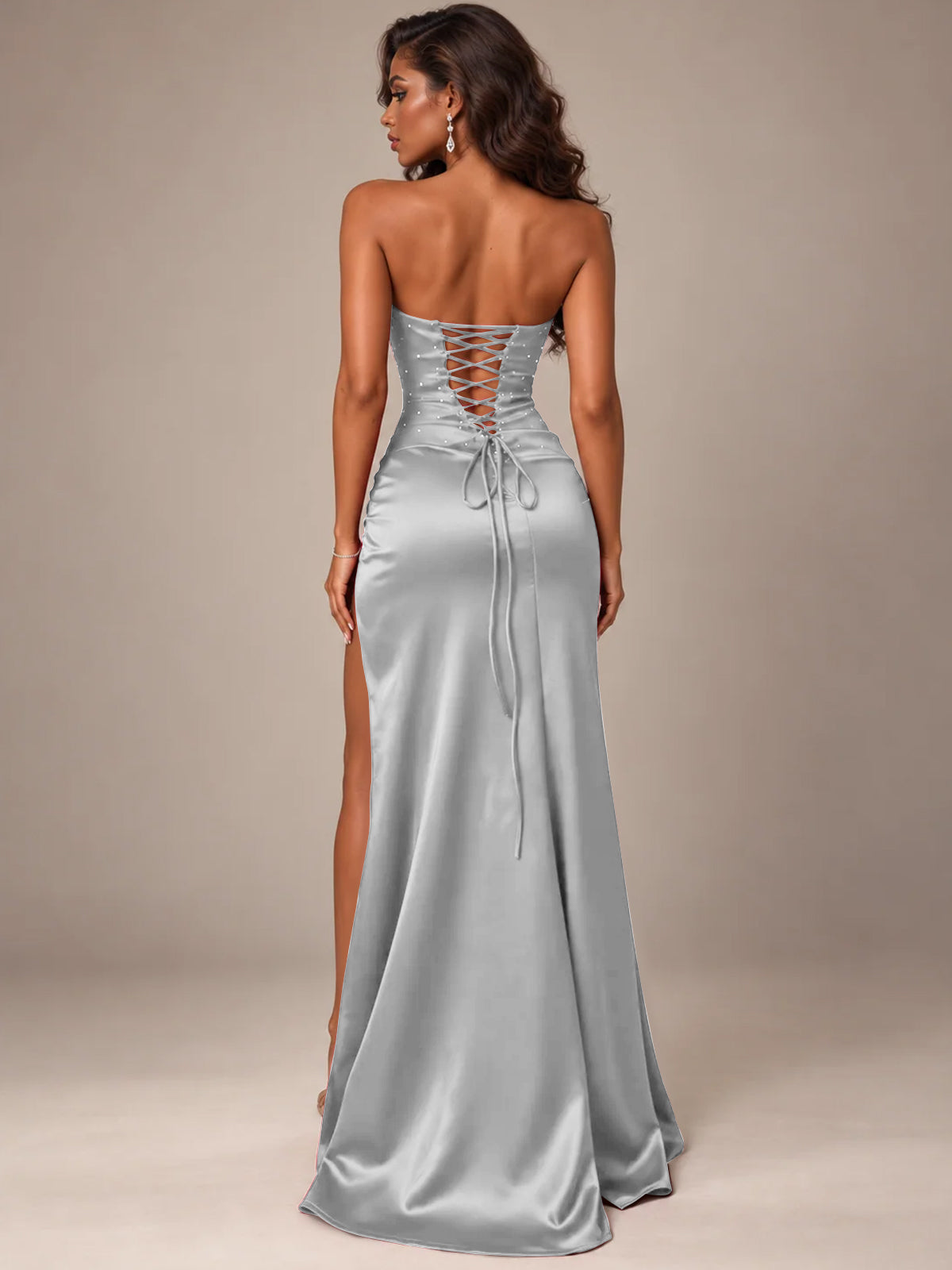 Burgundy Strapless Sparkly Corset Prom Dress with High Slit