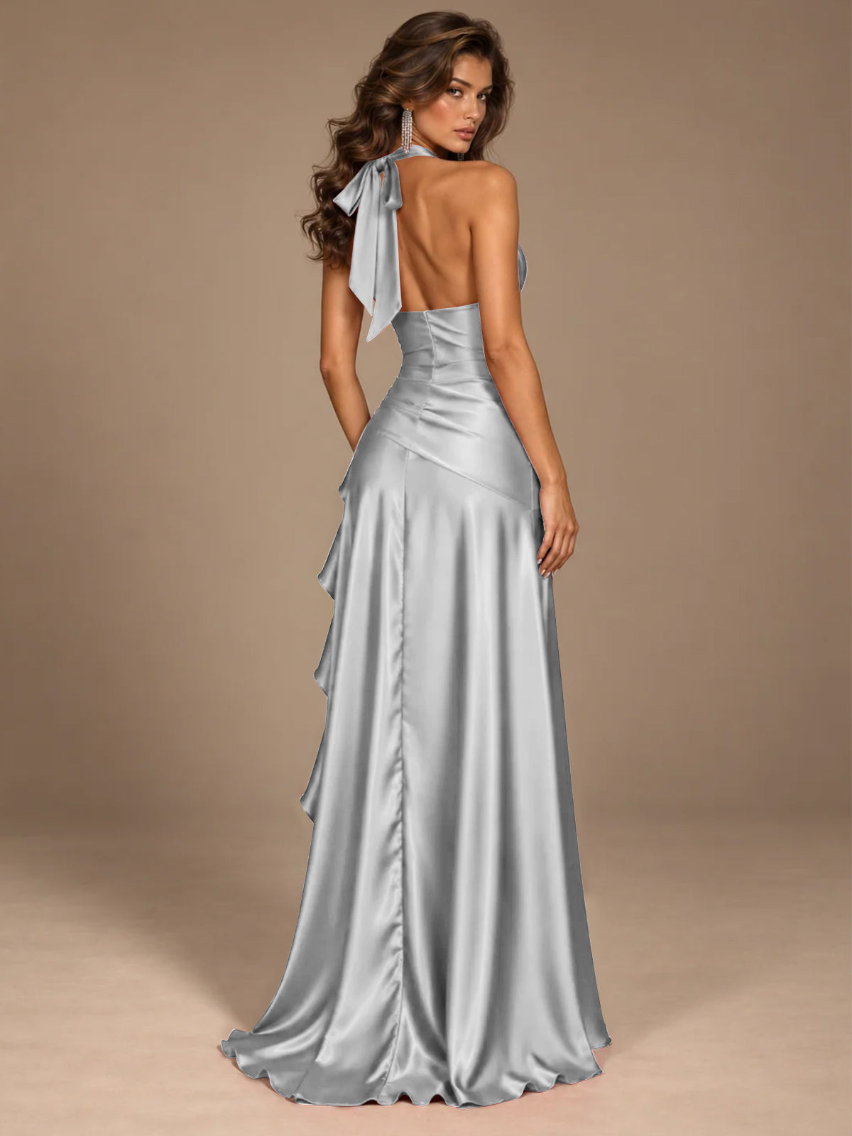 Burgundy Halter Deep V-Neck Ruched High Slit Ruffle Prom Dress