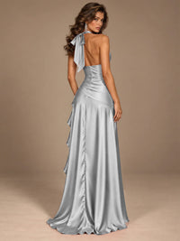 Burgundy Halter Deep V-Neck Ruched High Slit Ruffle Prom Dress