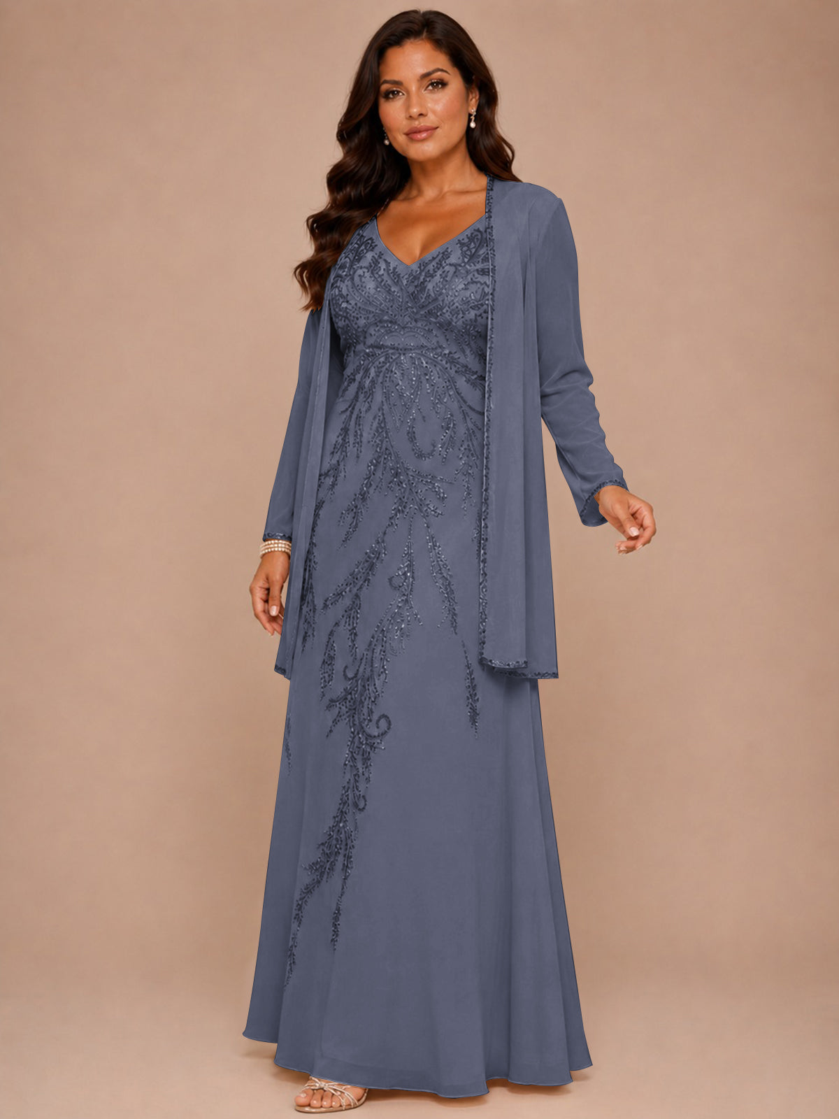 Champagne Beaded Chiffon Mother of the Bride Dress with Jacket V-Neck Gown