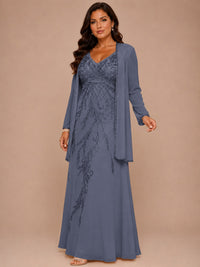 Champagne Beaded Chiffon Mother of the Bride Dress with Jacket V-Neck Gown