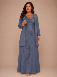 Champagne Beaded Chiffon Mother of the Bride Dress with Jacket V-Neck Gown