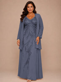 Champagne Beaded Chiffon Mother of the Bride Dress with Jacket V-Neck Gown