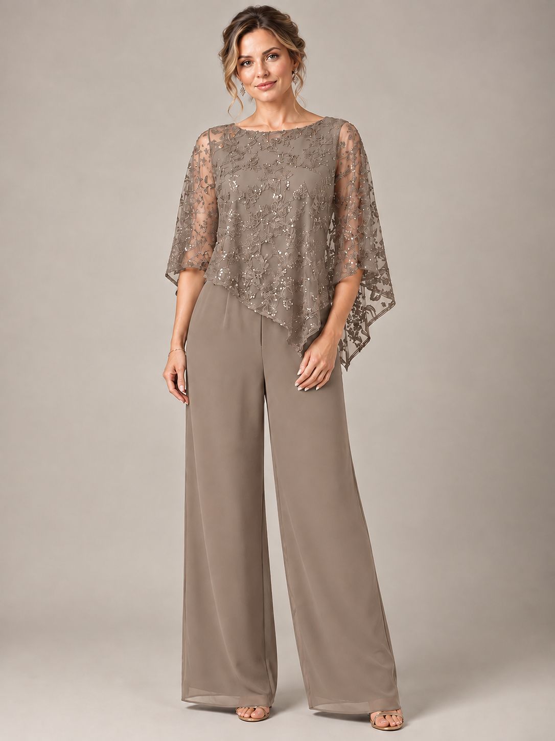 3/4 Sleeve Sequin Chiffon Jumpsuit with Cape