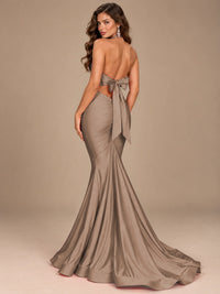 Pink Halter Deep V-Neck Ruched Mermaid Prom Dress