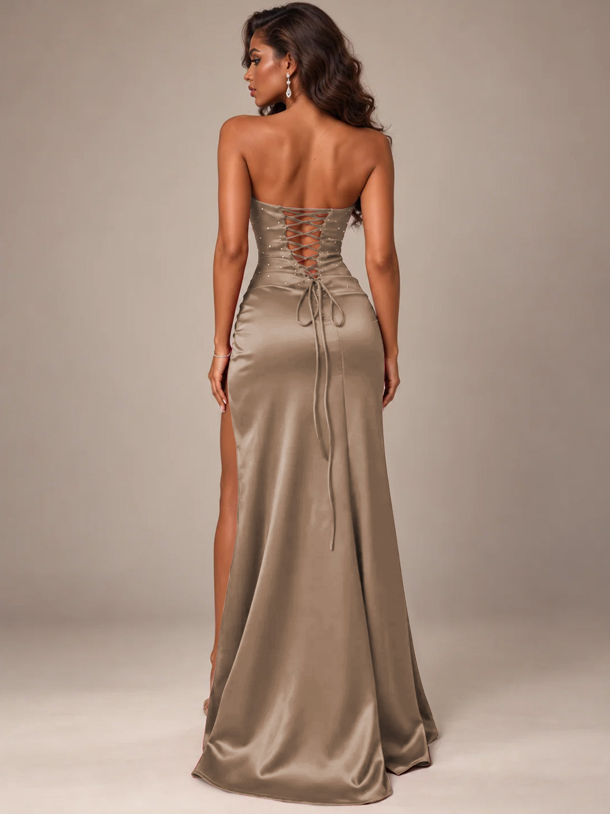 Burgundy Strapless Sparkly Corset Prom Dress with High Slit