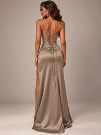 Burgundy Strapless Sparkly Corset Prom Dress with High Slit