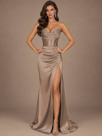 Dusty Blue Strapless Lace Corset Prom Dress with High Slit