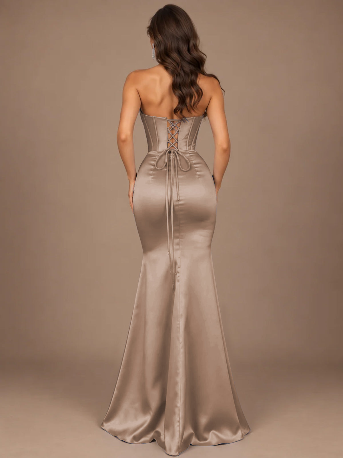 Dusty Blue Strapless Lace Corset Prom Dress with High Slit