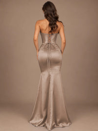 Dusty Blue Strapless Lace Corset Prom Dress with High Slit