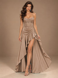 Burgundy Spaghetti Strap Ruched Prom Dress with Ruffled High Slit