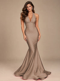 Pink Halter Deep V-Neck Ruched Mermaid Prom Dress