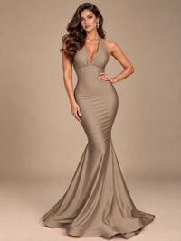 Pink Halter Deep V-Neck Ruched Mermaid Prom Dress