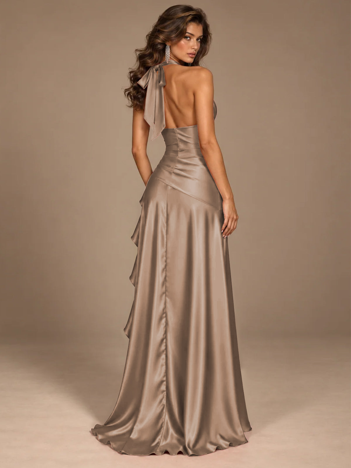 Burgundy Halter Deep V-Neck Ruched High Slit Ruffle Prom Dress