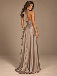 Burgundy Halter Deep V-Neck Ruched High Slit Ruffle Prom Dress