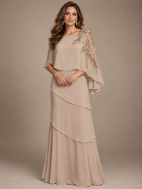 Elegant Chiffon Cape Sleeve Beaded Mother of the Bride Dress