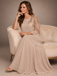Elegant Chiffon Cape Sleeve Beaded Mother of the Bride Dress