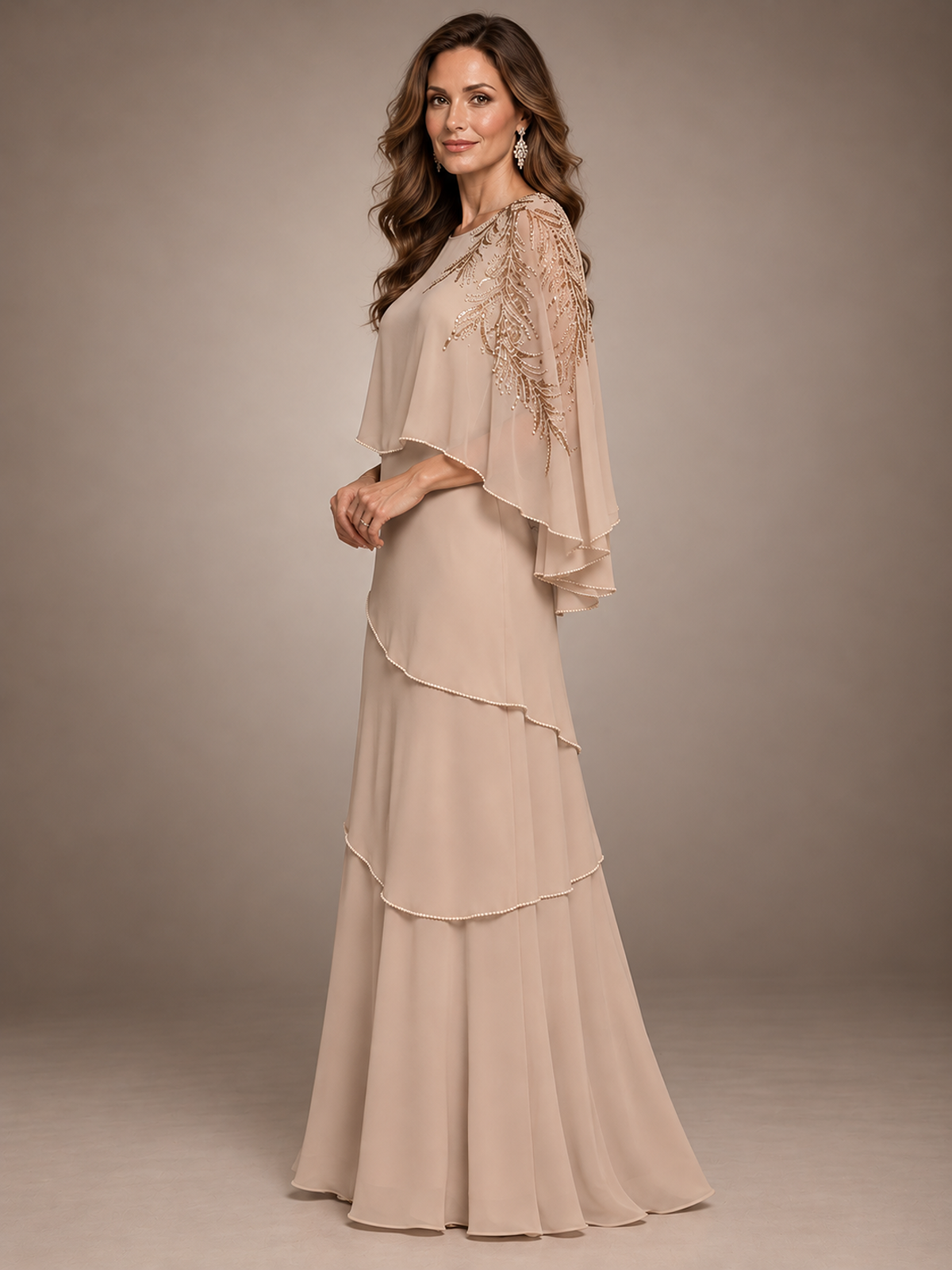 Elegant Chiffon Cape Sleeve Beaded Mother of the Bride Dress