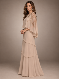 Elegant Chiffon Cape Sleeve Beaded Mother of the Bride Dress