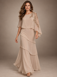 Elegant Chiffon Cape Sleeve Beaded Mother of the Bride Dress