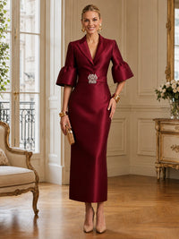 Burgundy puff sleeve mother of the bride dress
