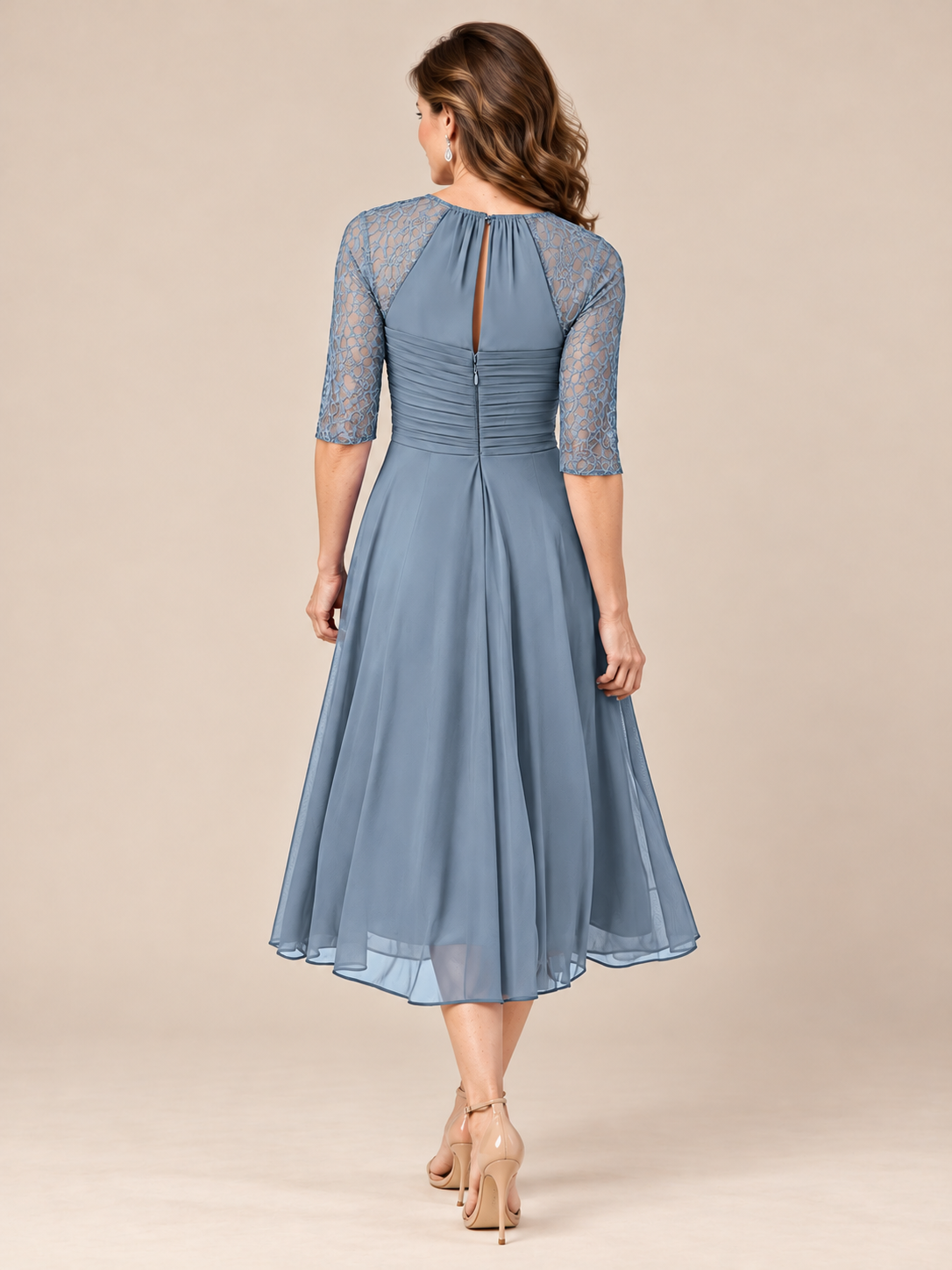 tea-length mother of the bride dress with pleated bodice and sheer lace 3/4 sleeves, front view