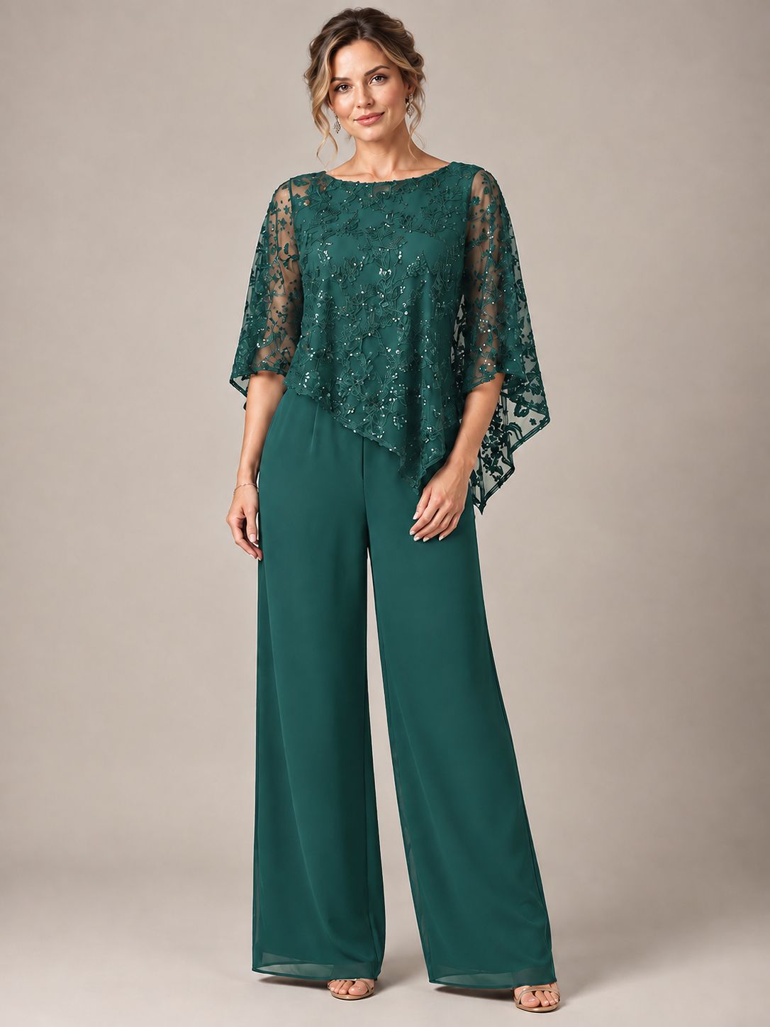 3/4 Sleeve Sequin Chiffon Jumpsuit with Cape