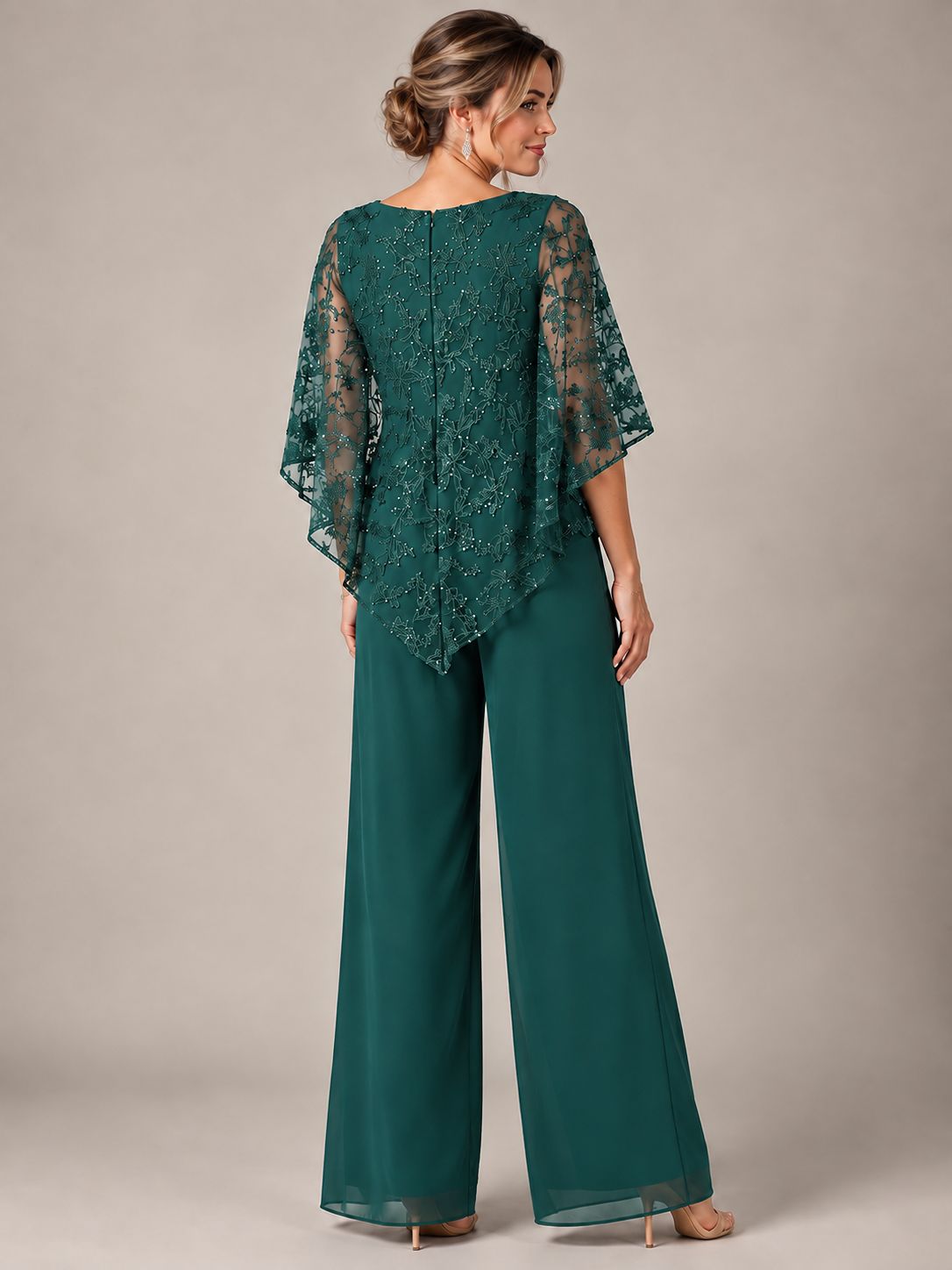 3/4 Sleeve Sequin Chiffon Jumpsuit with Cape
