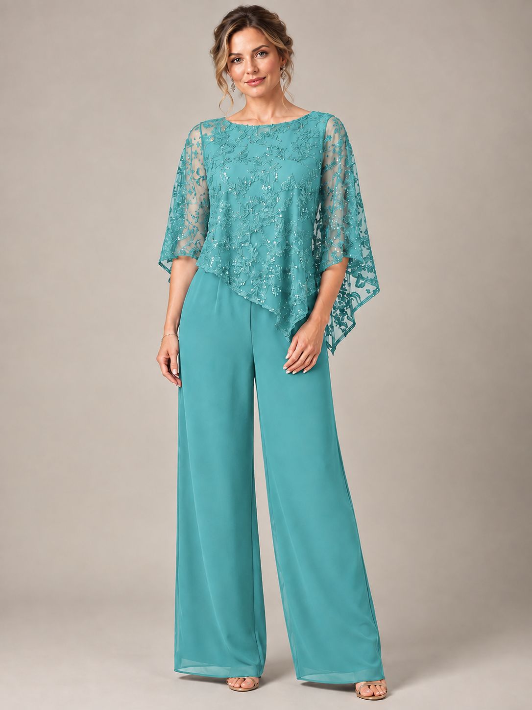 3/4 Sleeve Sequin Chiffon Jumpsuit with Cape