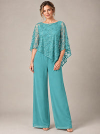 3/4 Sleeve Sequin Chiffon Jumpsuit with Cape