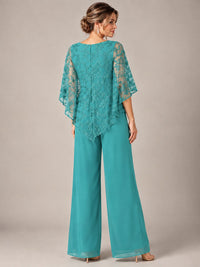 3/4 Sleeve Sequin Chiffon Jumpsuit with Cape