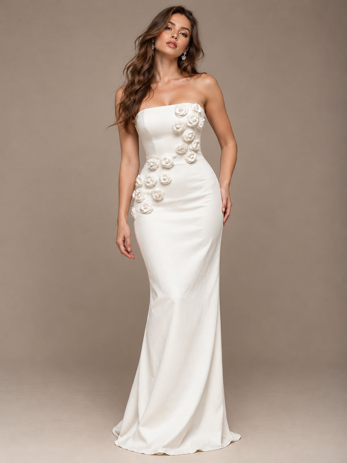 White Strapless Mermaid Maxi Dress with 3D Floral Appliques