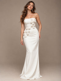 White Strapless Mermaid Maxi Dress with 3D Floral Appliques