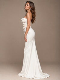 White Strapless Mermaid Maxi Dress with 3D Floral Appliques