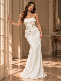 White Strapless Mermaid Maxi Dress with 3D Floral Appliques
