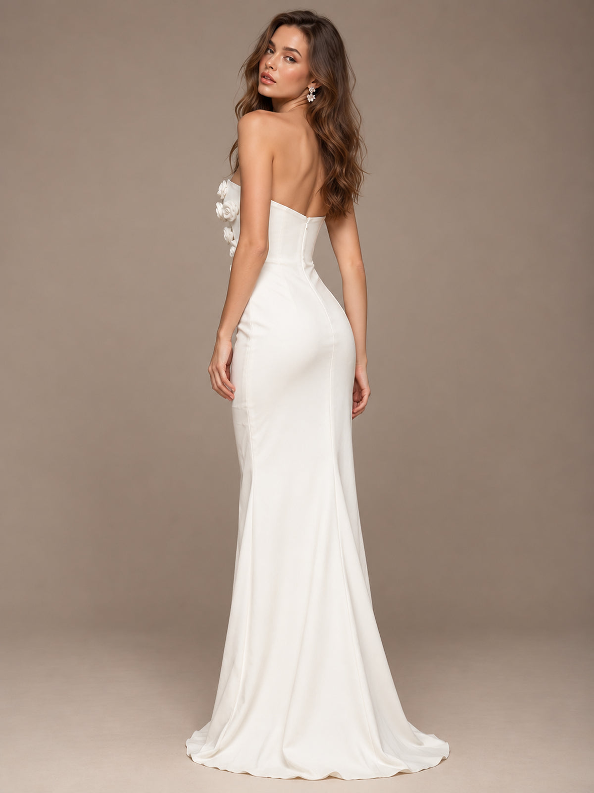 White Strapless Mermaid Maxi Dress with 3D Floral Appliques