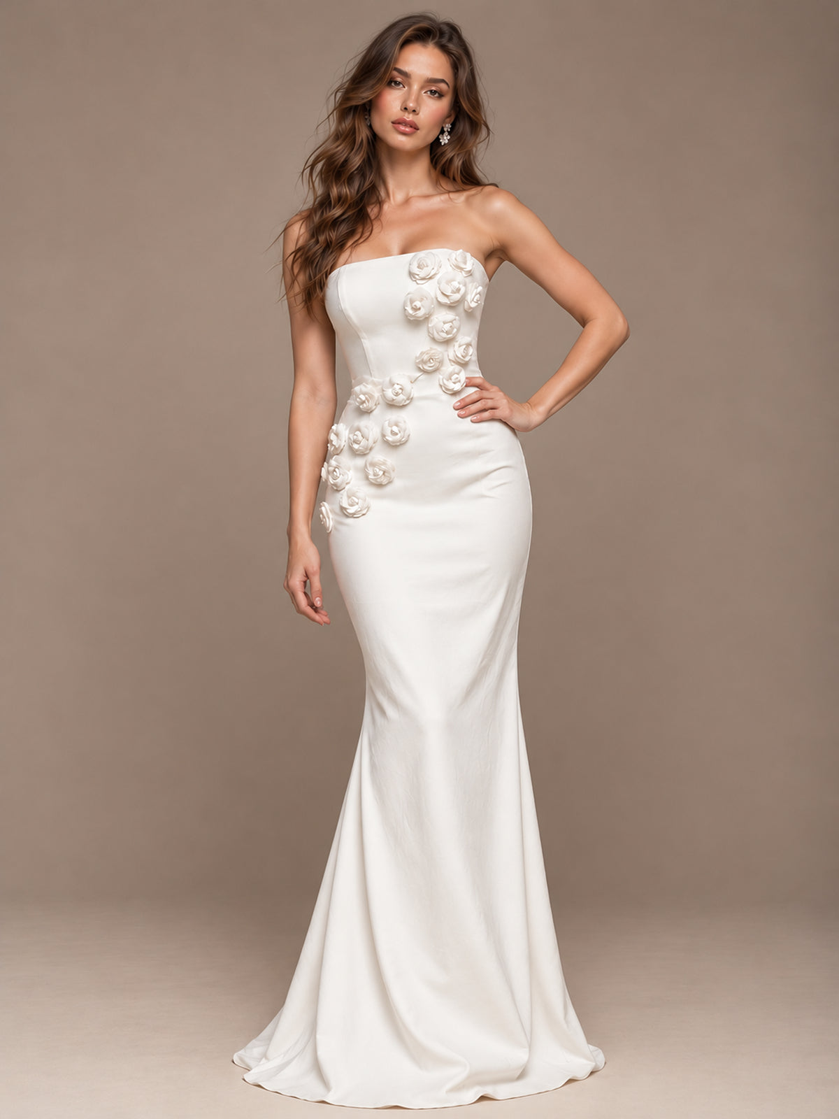 White Strapless Mermaid Maxi Dress with 3D Floral Appliques
