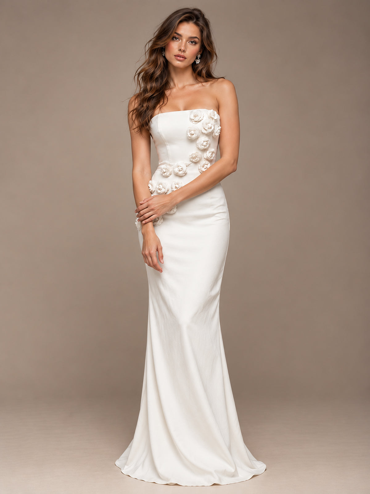 White Strapless Mermaid Maxi Dress with 3D Floral Appliques