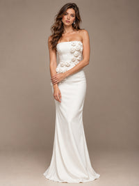 White Strapless Mermaid Maxi Dress with 3D Floral Appliques
