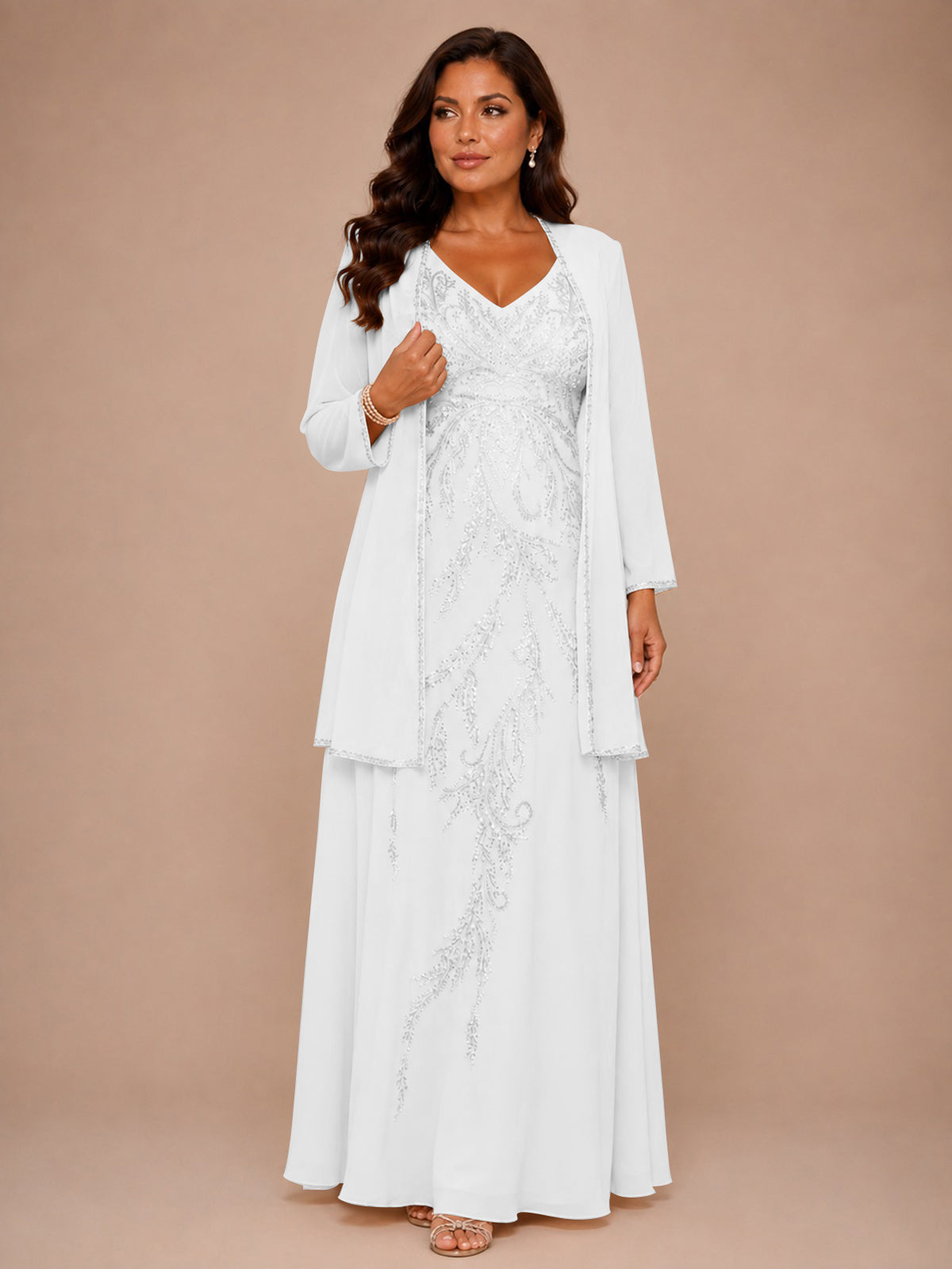 Champagne Beaded Chiffon Mother of the Bride Dress with Jacket V-Neck Gown
