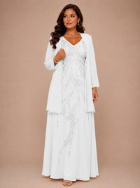 Champagne Beaded Chiffon Mother of the Bride Dress with Jacket V-Neck Gown