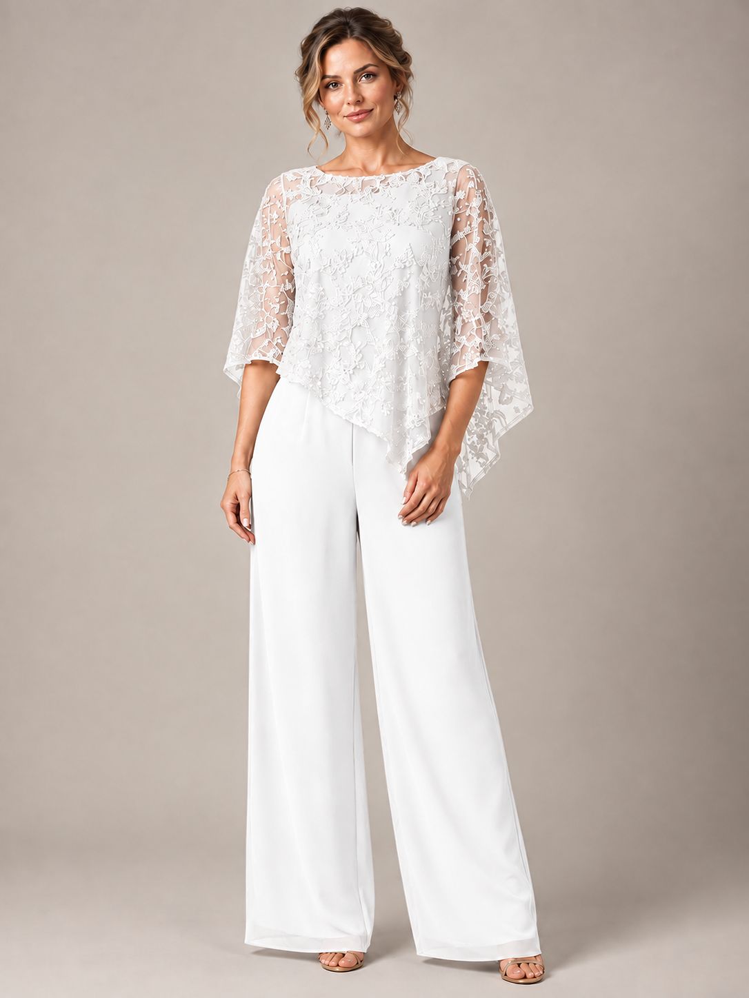 3/4 Sleeve Sequin Chiffon Jumpsuit with Cape